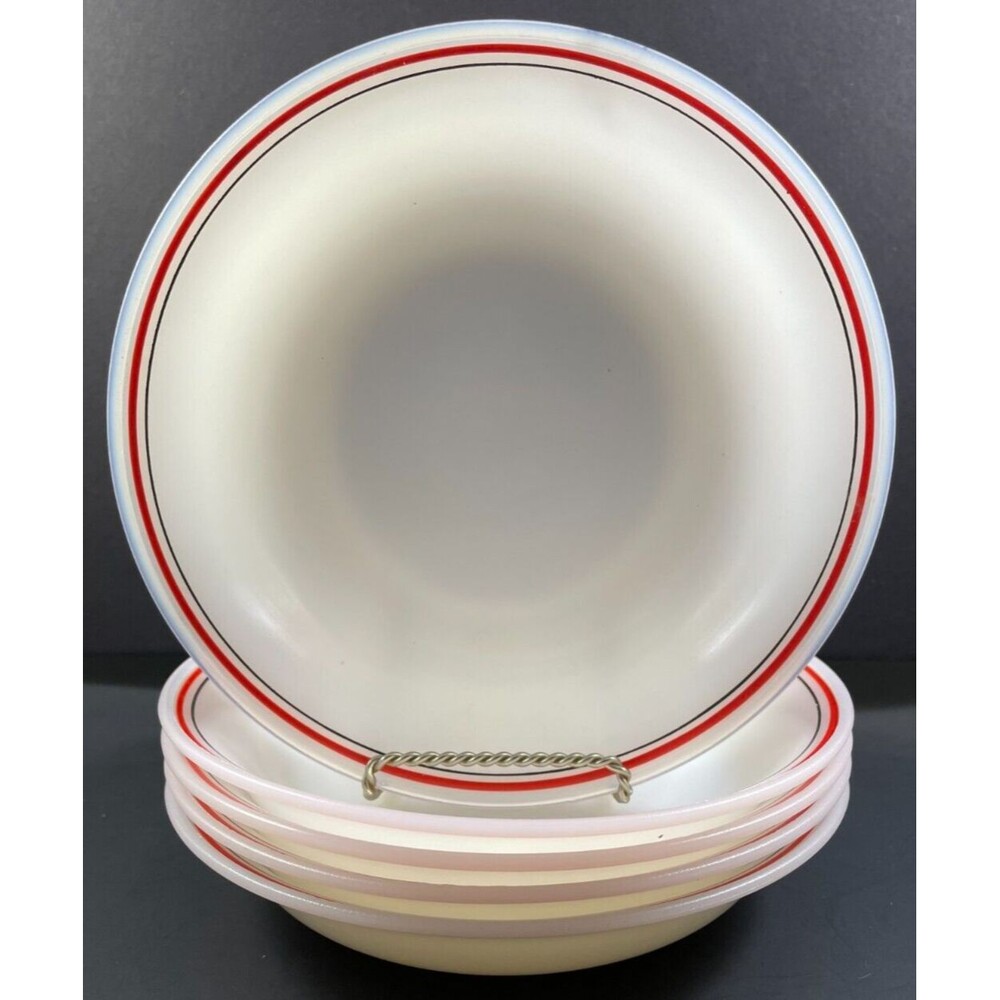 Hazel Atlas Platonite Salad Bowl Milk Glass 8" Red Black Stripe Set of 5 Vintage
